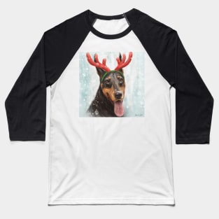 Painting of a Doberman with a Reindeer Headpiece Costume Baseball T-Shirt